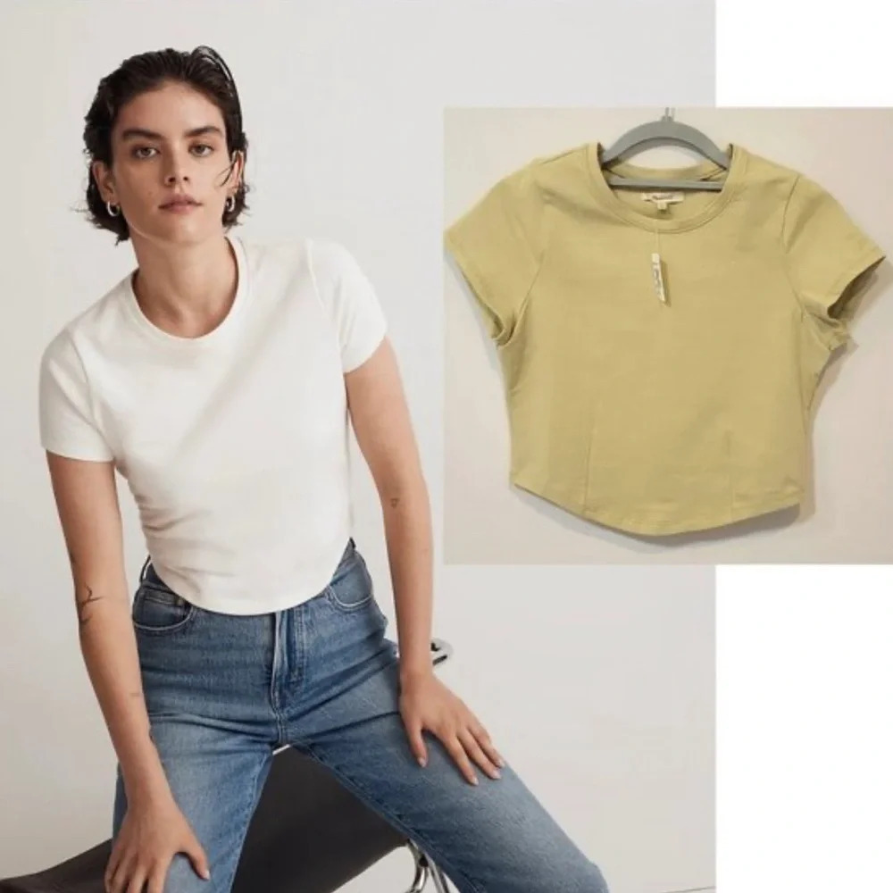 Madewell Ladies Crewneck Dart TEE Slight Crop Heavy Weight Olive Size XS
